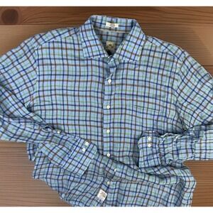 Peter Millar Shirt 100%‎ Linen Plaid Checks Button Front Long Sleeve Men Sz M